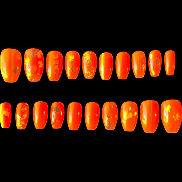 Handmade Custom Press on Nails UV Gel Short Coffin Fall Orange & Gold Metallic - Picture 4 of 11